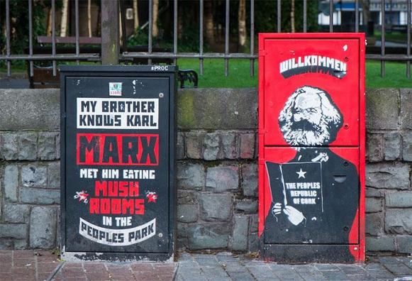 My brother knows Karl Marx
He met him eating mushrooms in the people's park
He said, "What do you think about my manifesto?"
"I like your manifesto, put it to the test-o"

"Where's Me Jumper" by the Sultans of Ping FC - https://www.youtube.com/watch?v=jxmZZBJQAKM