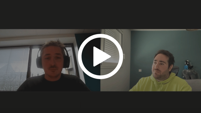 Hubert Lenoir and Adrien Roches in two windows with a white play sign at the center