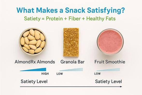 Top-down view comparing high satiety snacks including blanched AlmondRx almonds, granola bar, and smoothie, with satiety scale showing how AlmondRx helps reduce cravings and increase fullness.