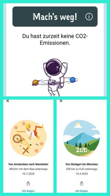 Ergebnisse der App Klimataler mit verschiedenen Darstellungen: Aktuell klimaneutral, da 200 KM Gelaufen und 400 km geradelt.