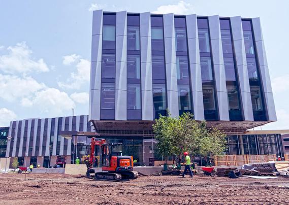 A baby excavator is working together with men on foot in front of a bunch of trees ready to plant in front of a steel and glass building where you can still see dirt with lots of track marks in front of it.