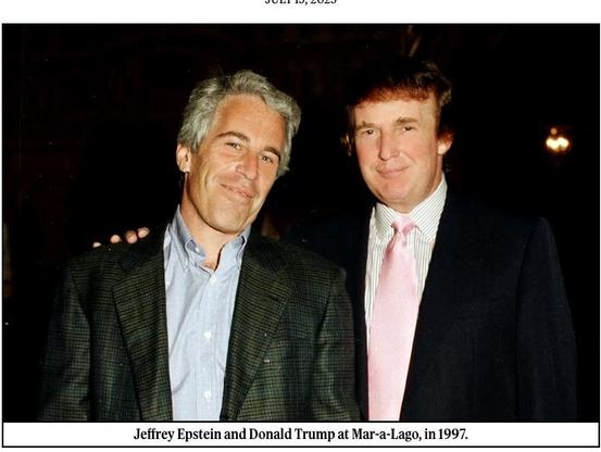 The image shows two men standing close together, smiling at the camera. The man on the left has gray hair and is wearing a dark plaid blazer over a light blue shirt. The man on the right has reddish-brown hair and is dressed in a dark suit with a white shirt and a pink tie. The background is dark, suggesting an indoor setting with dim lighting. The photo is dated July 19, 2023, and the caption at the bottom reads, "Jeffrey Epstein and Donald Trump at Mar-a-Lago, in 1997."