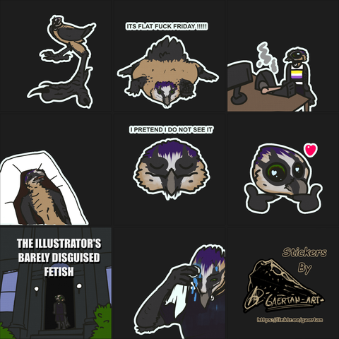 digital set of illustrations depicting an anthropomorphic bearded vulture as several memes and funny things; A bird in a fish eye view , the "flat fuck friday " crocodile meme, smashing a computer with a bat wearing the NB tshirt, one similar to the fake paper machie alien they showed in mexico, one as the "i pretend i do not see it" meme, another doing the "uwu fingers" meme, another as the "the writer's barely disguised fetish" but with illustrator, and another as the wikihow profusely sweating man meme.