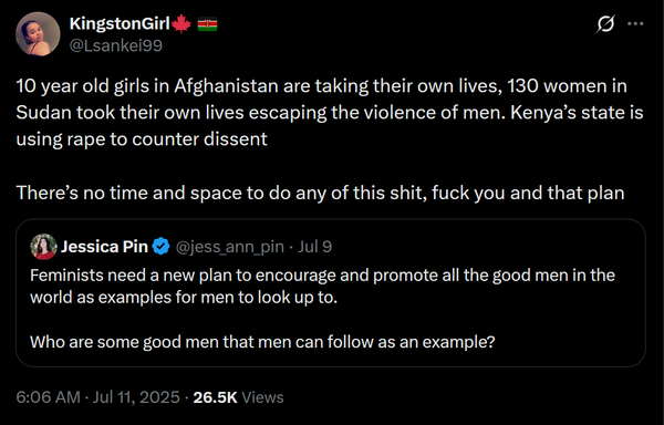 A screenshot of a twitter post by @Lsankei99, with text saying "10 year old girls in Afghanistan are taking their own lives, 130 women in Sudan took their own lives escaping the violence of men. Kenya’s state is using rape to counter dissent. There’s no time and space to do any of this shit, fuck you and that plan".

Under that is a quoted tweet by @jess_ann_pin, with text saying "Feminists need a new plan to encourage and promote all the good men in the world as examples for men to look up to. Who are some good men that men can follow as an example?".