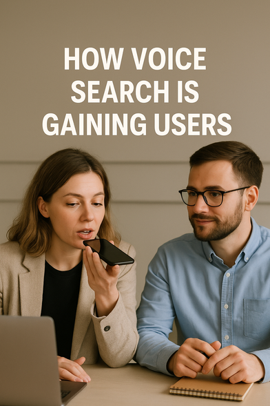 A man and a woman sit at a table, collaborating on a project involving voice search technology, illustrating the increasing popularity of this search method.
