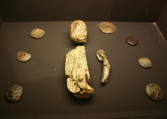 La statuette au mielieu d'autres artefacts trouvés dans la sépulture pal"olithique  de Brno 
