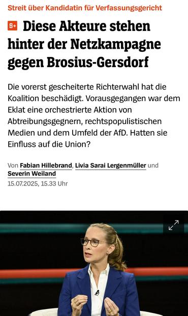 Streit über Kandidatin für Verfassungsgericht
 
Diese Akteure stehen hinter der Netzkampagne gegen Brosius-Gersdorf
Die vorerst gescheiterte Richterwahl hat die Koalition beschädigt. Vorausgegangen war dem Eklat eine orchestrierte Aktion von Abtreibungsgegnern, rechtspopulistischen Medien und dem Umfeld der AfD. Hatten sie Einfluss auf die Union?
