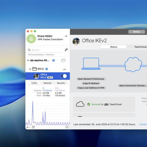 Screenshot of VPN Tracker app on macOS Tahoe showing active Office IKEv2 VPN connection, including connection details, traffic statistics, and TeamCloud status panel.