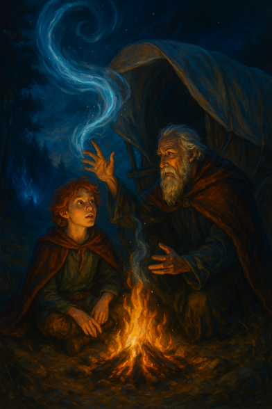 У п’ятнадцятому розділі оповідь зосереджується на зростанні таланту Квоуте під наглядом арканіста Абенті (Бена) та перших натяках на справжню силу Імен.
Дорога й уроки. Мандрівна трупа рухається Дорогами Королів, а Бен щовечора бере хлопця «на уроки» — від простих форм симпатії до тонкощів «грамарії». Квоуте жадібно ковтає знання, випереджаючи навіть Бенові очікування.

Пробудження вітру. Після чергового заняття Бен, аби проілюструвати силу Імен, шепоче справжнє Ім’я вітру — і порив здіймає полотно шатра. Неочікувано хлопець відчуває, «як слово лоскоче губи», і у відповідь гасить порив єдиним «диханням‑наказом». У Бена з’являється певність: перед ним природжений Нуме­ратор.

Розмова про Університет. Арканіст уперше докладно розповідає, шо́ таке Університет: факультети («Архів», «Кімика», «Аріте») та вступні випробування. Квоуте, зачарований, будуватиме плани вступу мало не з тієї ж ночі.

Тривожний підтекст. Тим часом батько Лоран збирає балади й перекази про загадкових Чандріан, намагаючись скласти пісню, «яку співатимуть століттями». Уривки пліток про «синє полум’я» і «зруйновані печатки» лякають Бена, та Квоуте ще не усвідомлює прихованої загрози.