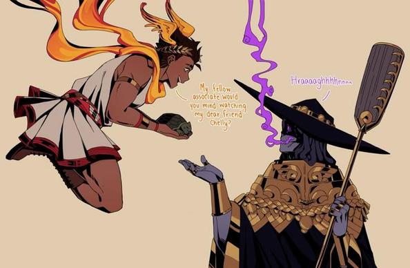 Coloured drawing of Hermes from Supergiant's Hades Game, hovering in the air before Charon. He holds his tortoise Chelly in both hands and asks Charon if he would watch her for him. Charon extends a hand as if to receive her, his unintelligible reply apparently affirmative.