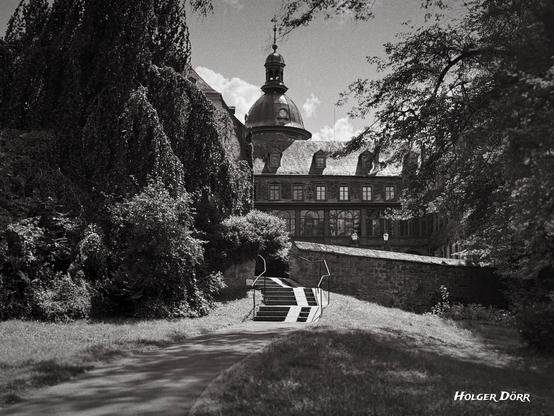 Schwarz-Weiß-Foto eines Weges mit Treppe im Schlosspark von Laubach. Im Hintergrund ist das historische Schloss mit seinem markanten Kuppelturm zu sehen, eingerahmt von hohen Bäumen und dichtem Laub. Die Licht- und Schattenspiele auf dem Weg und an der Mauer verleihen dem Bild eine ruhige, zeitlose Atmosphäre.