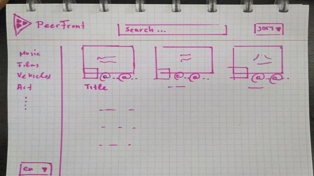 Photo of a sketch. A mock for a centralized frontend for PeerTube alternative to https://sepiasearch.org were the videos can be displayed in a single view.