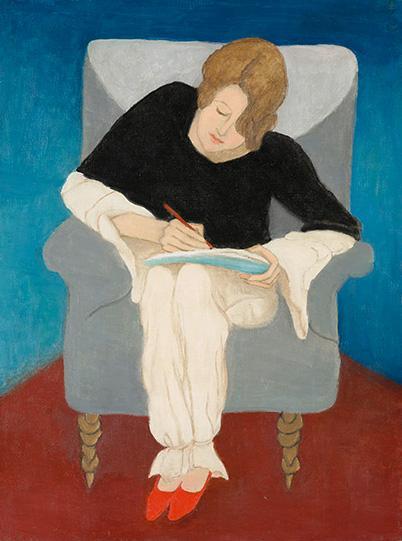 Portrait d'une jeune femme en train d'écrire en pyjama sur un fauteuil peint par Gabriele Münter