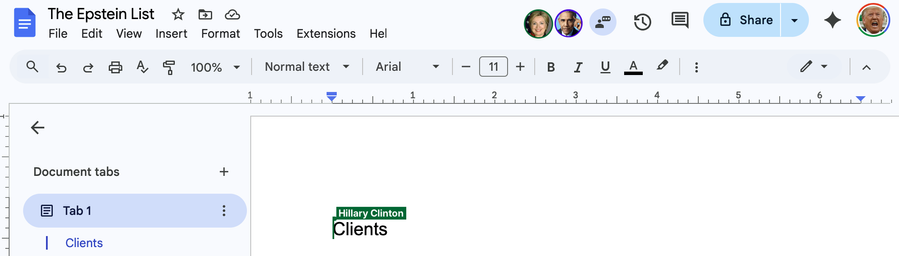 A Google document showing Trump logged into his account with Obama and Hillary Clinton editing “The Epstein list” word document.