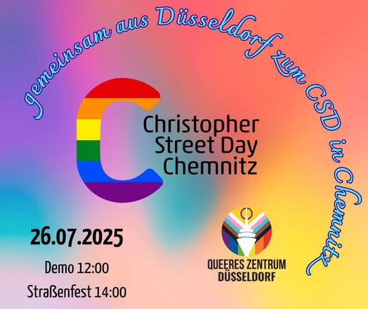 Gemeinsam aus Düsseldorf zum CSD in Chemnitz. 
26.07.25 Christopher Street Day Chemnitz
Queeres Zentrum Düsseldorf