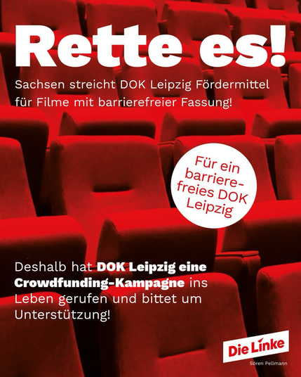 Rette es! Sachsen streicht Fördermittel für DOK Leipzig für Filme mit barrierefreier Fassung! Im Hintergrund Kinostühle.
