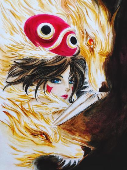 A queen of diamonds enveloped in flaming wolves.