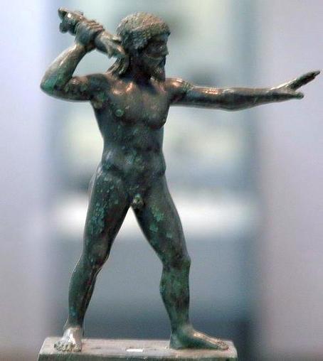 Bronze figurine of Zeus Keraunos (Zeus of the Thunderbolt). He he depicted as a mature, bearded man, wielding his thunderbolt in his right and taking aim with his outstretched left arm.