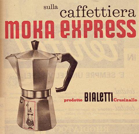 The image features a vintage advertisement for the "Moka Express" coffee maker by Bialetti. The background is a faded beige with faint text, giving it an aged appearance. Prominently displayed in the center is a silver Moka Express coffee maker with a black handle, showcasing its iconic octagonal shape and the brand's logo on the base. The text "sulla caffettiera Moka express" is written in bold red and black letters at the top, with "Moka express" in larger red font. Below the coffee maker, th…