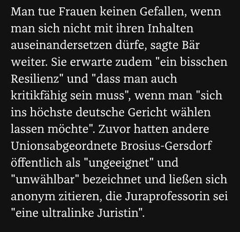 Screenshot einer Nachricht der Zeitung "Die Zeit": Bundesforschungsministerin Bär "erwarte zudem "ein bisschen Resilienz" und "dass man kritikfähig sein muss", wenn man "sich ins höchste deutsche Gericht wählen lassen möchte.""