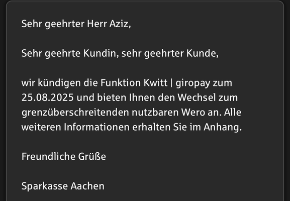 Sparkasse Aachen beendet den Service kwitt
