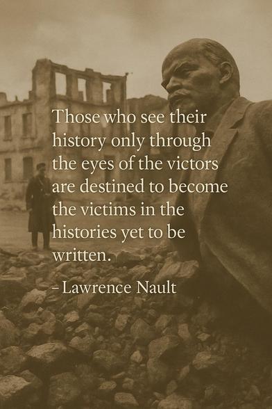 A quote card. The background image in a soldier in front of a bombed building. The quote says "Those who see their history only through the eyes of the victors are destined to become the victims in the histories yet to be written. - L.Nault"