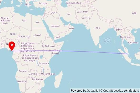 A map showing the great circle route from Singapore in Singapore to a map pin at Catedrál de Santa Isabel, Rue 12 de Octubre, Malabo, Equatorial Guinea