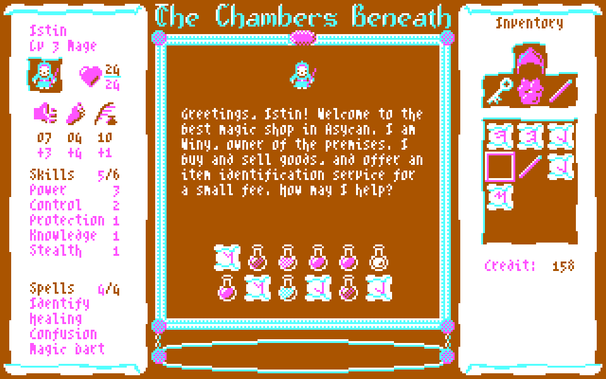 The magic shop in The Chambers Beneath. Note the letters on the scrolls in the player's and the shop's inventories.