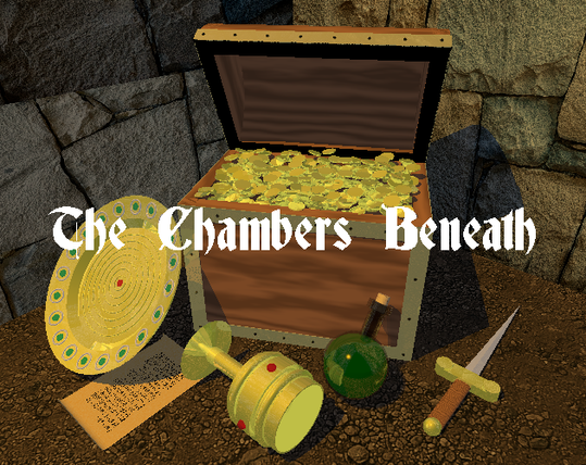 The full colour version of the title image for The Chambers Beneath, used as a cover for the manual, Itch thumbnail. An extensive text in the alphabet is presented on the scroll, although it may be too pixelated to read at this resolution.