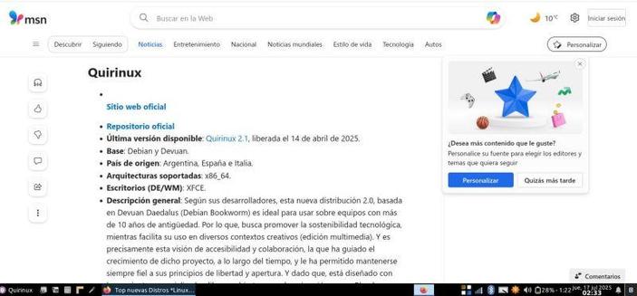 Mención a Quirinux en el portal de noticias MSN de Microsoft.