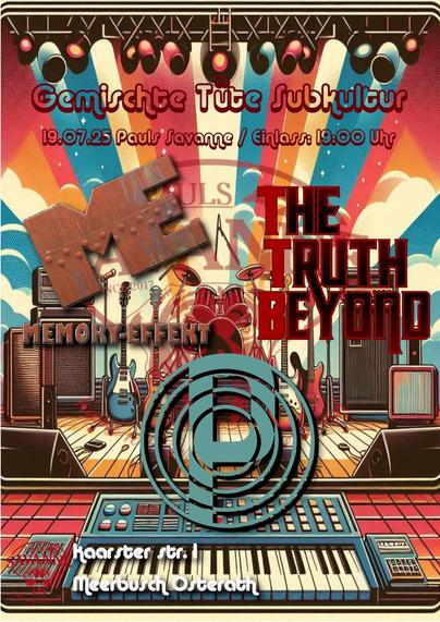 Eine Bühne, Instrumente und Verstärker stehen bereit, das Bühnenlicht strahlt bereits, das Mischpult steht startklar im Vordergrund.
Die 3 Logos der auftretenden Bands (Privatiers, Memory-Effekt, The Truth Beyond) sind im Vordergrund. Es fehlen nur noch die Menschen.