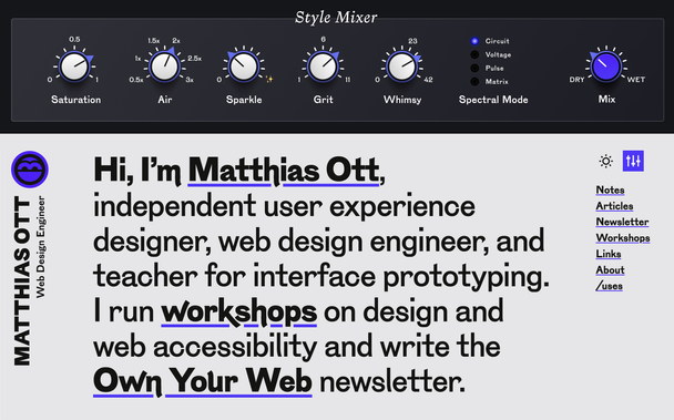 A screenshot of Matthias’ website with a layout for a “style mixer“ at the top that has knob controls for saturation, air, sparkle, grit, and whimsy and a Spectral Mode switcher. On the right, there is a dry/wet mix knob.