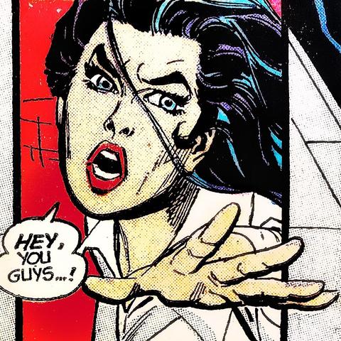An enhanced photo of a panel in DC Comics' Wonder Woman, issue number 203 from November 1972. Art by Dick Giordano.
The panel is a facial close-up of a clearly irritated Diana Prince. Her long, black hair indicates she has just sharply whirled leftward to speak to someone behind her. Her left hand is extended, palm down, fingers spread wide, as if motioning "cut it out," and she exclaims, "HEY, you guys... !"
For context, at this time in the comic's run, Diana Prince had given up the powers of Wonder Woman to live life as a normal person. Just prior to this panel, she was being cat-called by a group of guys while walking along a older, big-city, neighborhood sidewalk. She has around turned to tell them off.