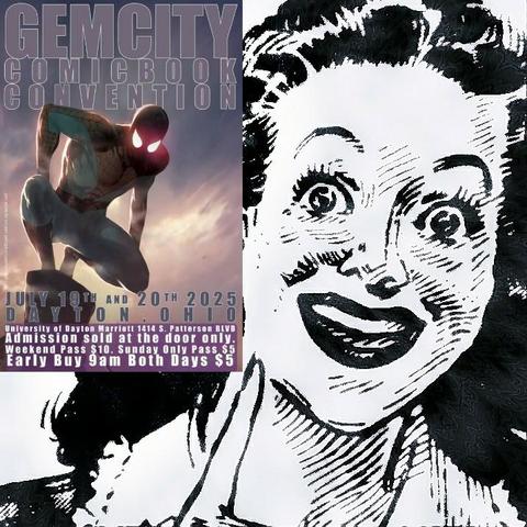 An enhanced photo of part of a 1940s-era black and white ad illustration. A girl with long, dark, wavy hair happily, excitedly, has something to say to the reader. She's leaning slightly to her left and showing the raised index finger of her right hand, skyward, to make a point.
The empty upper left corner of the image has been altered to include a color poster, by artist Stuart Sayger of Spider-Man atop a building, beneath a dark, cloudy sky, for the 2025 Gem City Comic Book Convention, July 19th and 20th at the University of Dayton Marriott hotel, 1414 South Patterson Boulevard in Dayton, Ohio. Weekend pass $10, Sunday only pass $5. Early Buy, 9 A.M. both days $5.