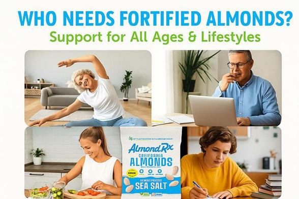 Vitamin D fortified foods for all ages and lifestyles – AlmondRx blanched almonds promoting wellness for seniors, professionals, fitness enthusiasts, and students