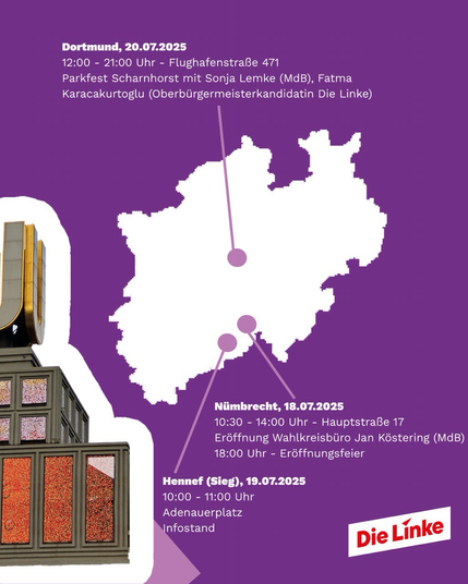 Eine Karte von NRW mit den markierten Orten.