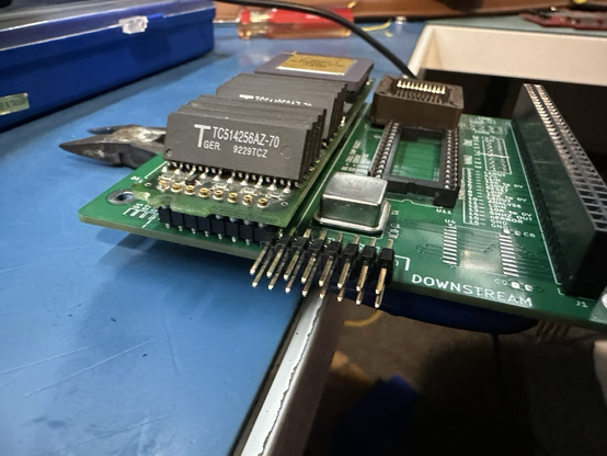 Angled side view of the PCB confirming the downstream pins clear the TRAM