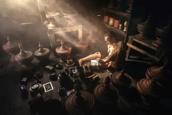 A craftsman is carving traditional Burmese lacquerware with his left foot.