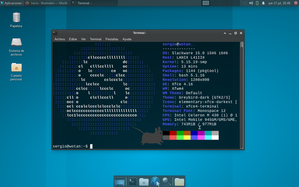Captura de pantalla de escritorio mostrando un terminal en el que se pueden ver las especificaciones de software y hardware del computador, en este caso se trata de una máquina con procesador Celeron de 1GHz, 1Gb RAM, de hace unos 25 años, corriendo Slackware 15.0, y con XFCE como escritorio