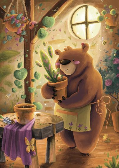 Digital illustration: in a rustic workshop filled with various plants, an apron-wearing brown bear standing on it’s hind legs is transporting a potted plant towards a wooden table on which is set another pot filled with earth. A soft light is coming from a round window on the back wall and various critters are buzzing around.