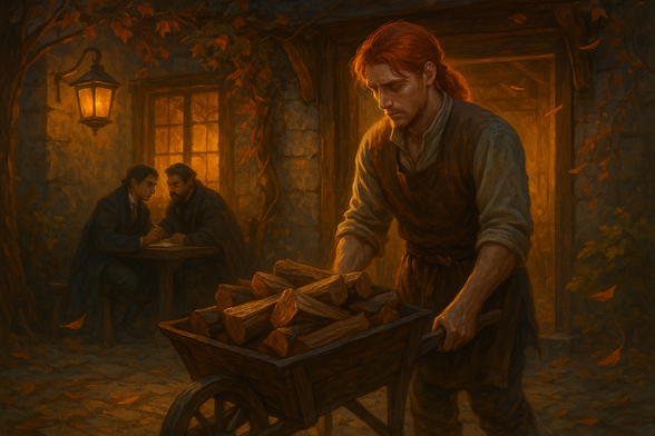 У цій емоційній вставці рамкової оповіді події розгортаються в корчмі, коли Квоут перериває свою розповідь, аби поповнити запас дров. Його учень Баст і літописець Кроніклер залишаються наодинці, обговорюючи дедалі похмуріший настрій свого наставника. Баст, щиро стурбований, намагається зрозуміти глибину болю, який Квоут ховає за спокійною маскою. Сам Квоут, повертаючись до тяжких спогадів, відмахується від жалю довкола себе, називаючи власну історію лише «частиною життя», що не потребує співчуття.

Поки він механічно вантажить тріски в тачку, стає очевидним, наскільки тягар минулого виснажує його — з-під поверхневої зібраності прориваються тихі сльози. Цей короткий епізод показує читачеві, що навіть легендарні герої не всесильні перед власними травмами.

Розмова Баста з Кроніклером висвітлює дві важливі теми:

    Учительство й довіра. Хоч між ними й виникають непорозуміння, спільна турбота про Квоута зрештою зміцнює їхній зв’язок.

    Цілюща сила оповіді. Сам акт розповіді — і для Квоута, і для його слухачів — стає способом прожити горе й перетворити пам’ять на досвід, що лікує.

Таким чином, XVII розділ углиблює емоційну складову роману: показує, як минуле формує теперішнє героя, підкреслює вразливість за міцною легендою та готує читача до чергового витка непростої історії, якою Квоут ділиться у довгій нічній бесіді. 