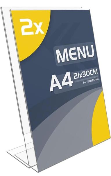 Das Bild zeigt ein transparentes A4-Menü-Display mit einer Größe von 21x30 cm. Das Display ist aus klarem Acrylglas gefertigt und steht aufrecht auf einem stabilen Sockel. Auf dem Display ist ein blaues und gelbes Design zu sehen, das den Text "2x MENU A4 21x30CM" in großen, weißen Buchstaben enthält. Darunter steht "For 210x297mm", was die passende Papiergröße angibt. Das Design ist modern und professionell, mit einem gelben Kreis oben links und einem gelben Halbkreis unten rechts. Das Display…
