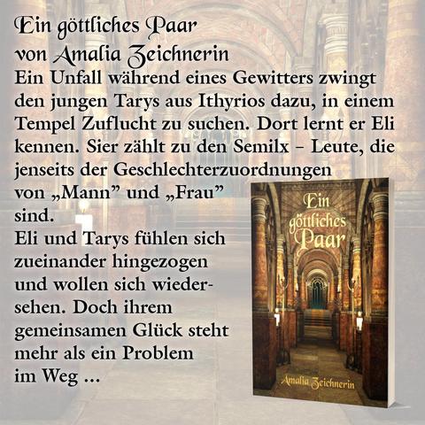 Ein göttliches Paar
Ein Unfall während eines Gewitters zwingt den jungen Tarys aus Ithyrios dazu, in einem Tempel Zuflucht zu suchen. Dort lernt er Eli kennen. Sier zählt zu den Semilx – Leute, die jenseits der Geschlechterzuordnungen von „Mann” und „Frau” sind.
Eli und Tarys fühlen sich zueinander hingezogen und wollen sich wiedersehen. Doch ihrem gemeinsamen Glück steht mehr als ein Problem im Weg …