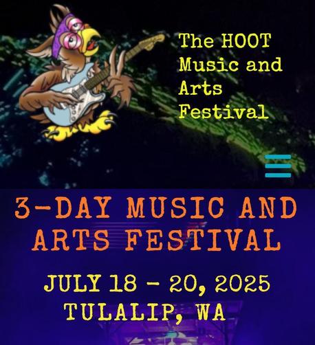 A show poster showing a weird bird playing guitar. It reads: The Hoot Music and Arts Festival
3-Day Music and Arts Festival
July 18-20, 2025
Tulalip, WA