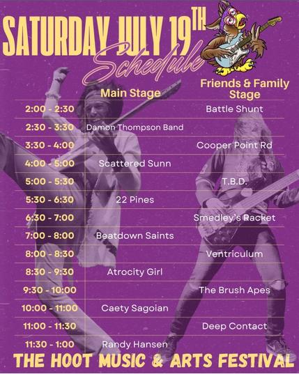 A festival schedule. The background has a couple hippy guitar players —one looks like Jimi Hendrix (it’s Randy Hanson a Hendrix tribute impersonator).  The schedule show linups fir two stages on July 19. Coopet Point Rd plays at 3:30 on the froends and family stage.