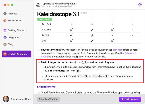 Screenshot showing Kaleidoscope app release notes, with a red box drawn around the following text to emphasize it: “Basic Integration with the Jujutsu (jj) version control system.     •&nbsp;Changesets opened through jj diff or jj interdiffrmation how to set up Kaleidoscope as diff and merge tool with jj.
•&nbsp;Changesets opened through jj diff or jj interdiff now show a bit more context.”