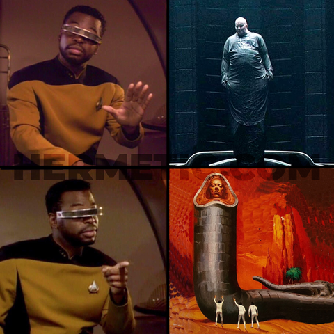 Drake meme format, but it's Jordi. Four frames. Top left Jordi "Meh, hold on." Top right image of Baron Harkonnen floating, with robe looking like the body of a worm. Bottom left Jordi "Hey, now that's something!" Bottom right image from an old cover of God-Emperor of Dune, echoing the previous right top image.