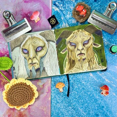 Two portraits of the Faun from Pan’s Labyrinth, a goat-like humanoid creature with spiral patterns on his head. 