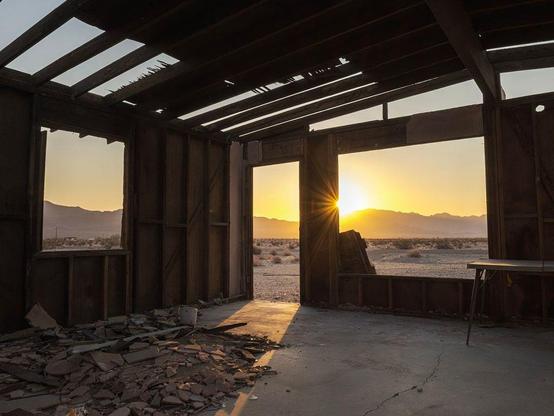 Desert sunrise seen from inside skeletal remains of abandoned cabin.