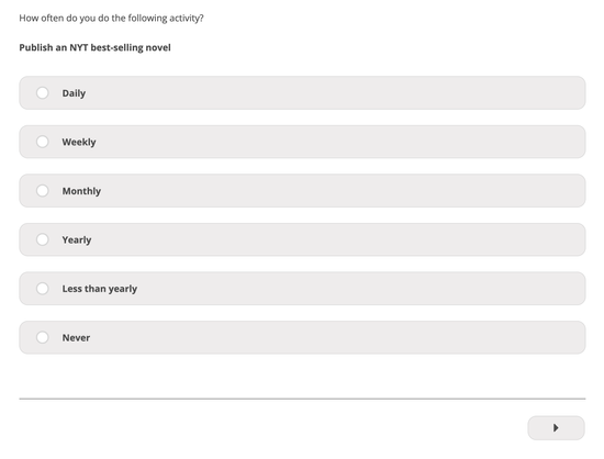 Weird survey question about how often I publish a NYT best selling novel. 